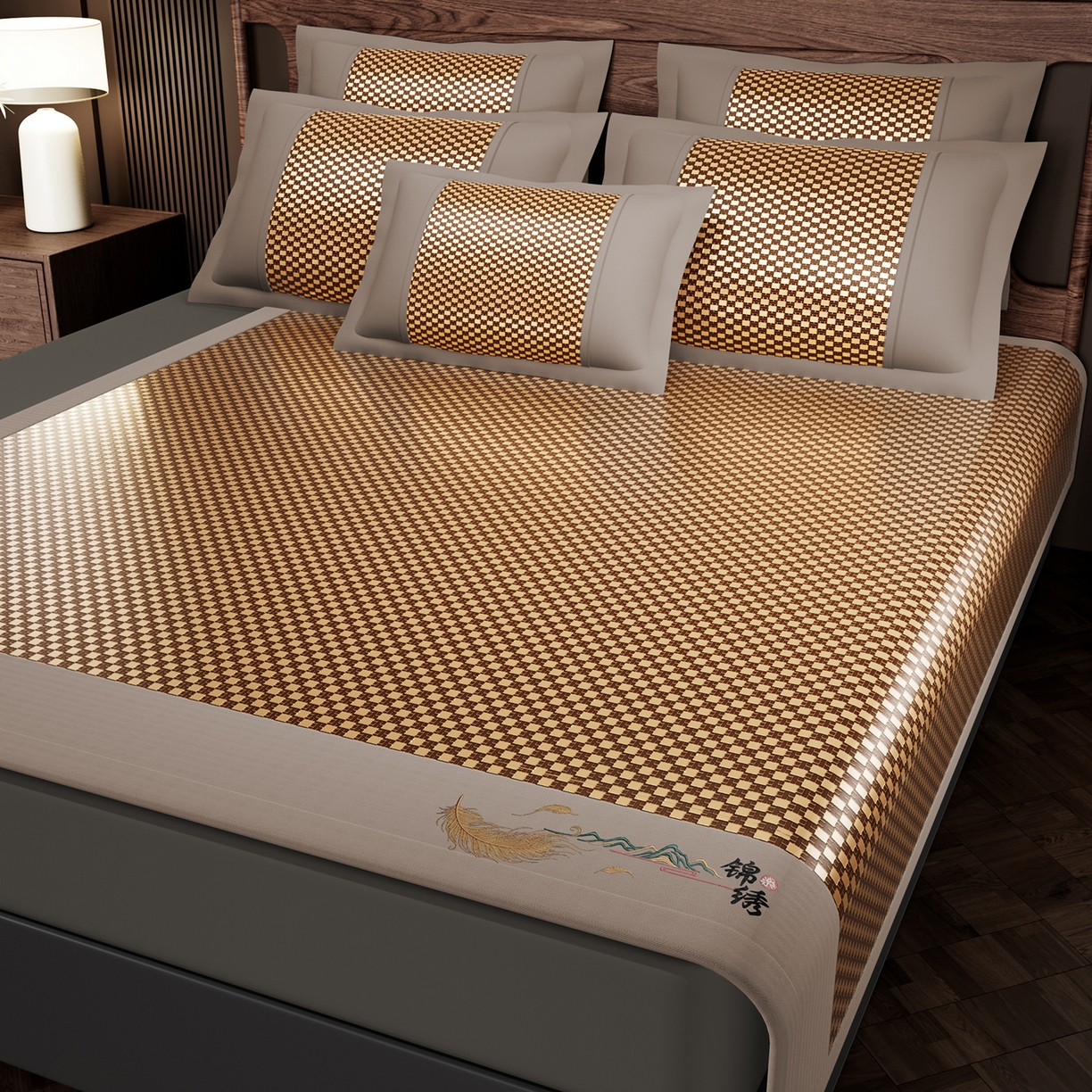 91家纺网 家纺一手货源 找家纺 永旺家纺 2026新款羽毛刺绣冰藤席子凉席 棕色