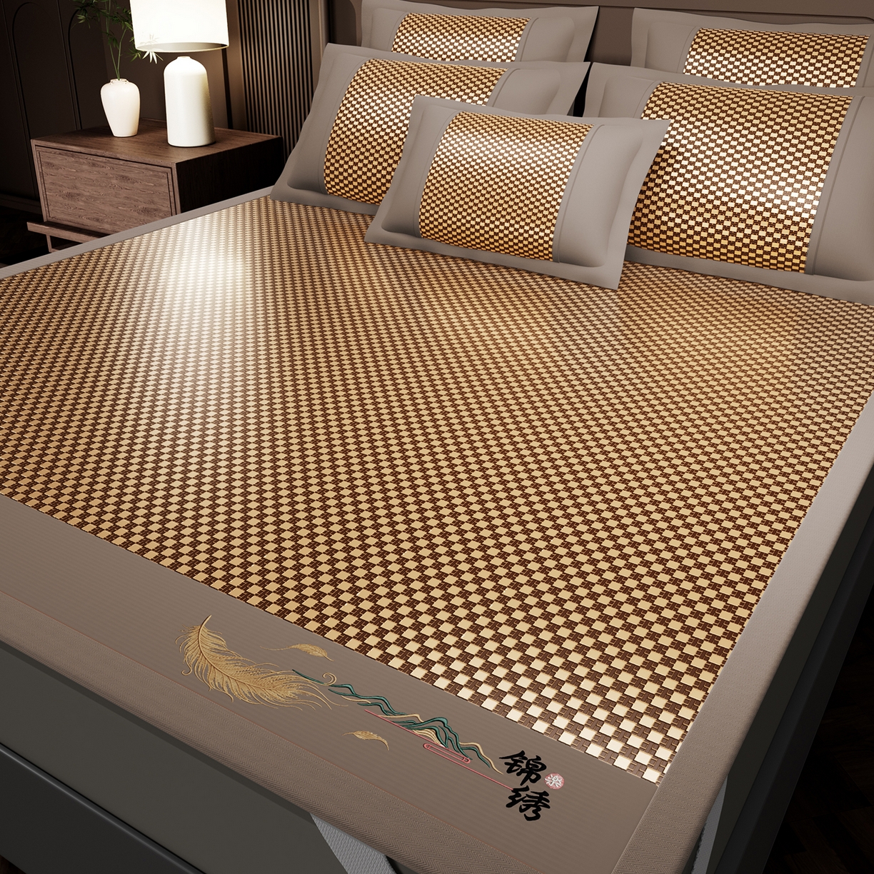 91家纺网 家纺一手货源 找家纺 永旺家纺 2026新款羽毛刺绣冰藤席子凉席 棕色