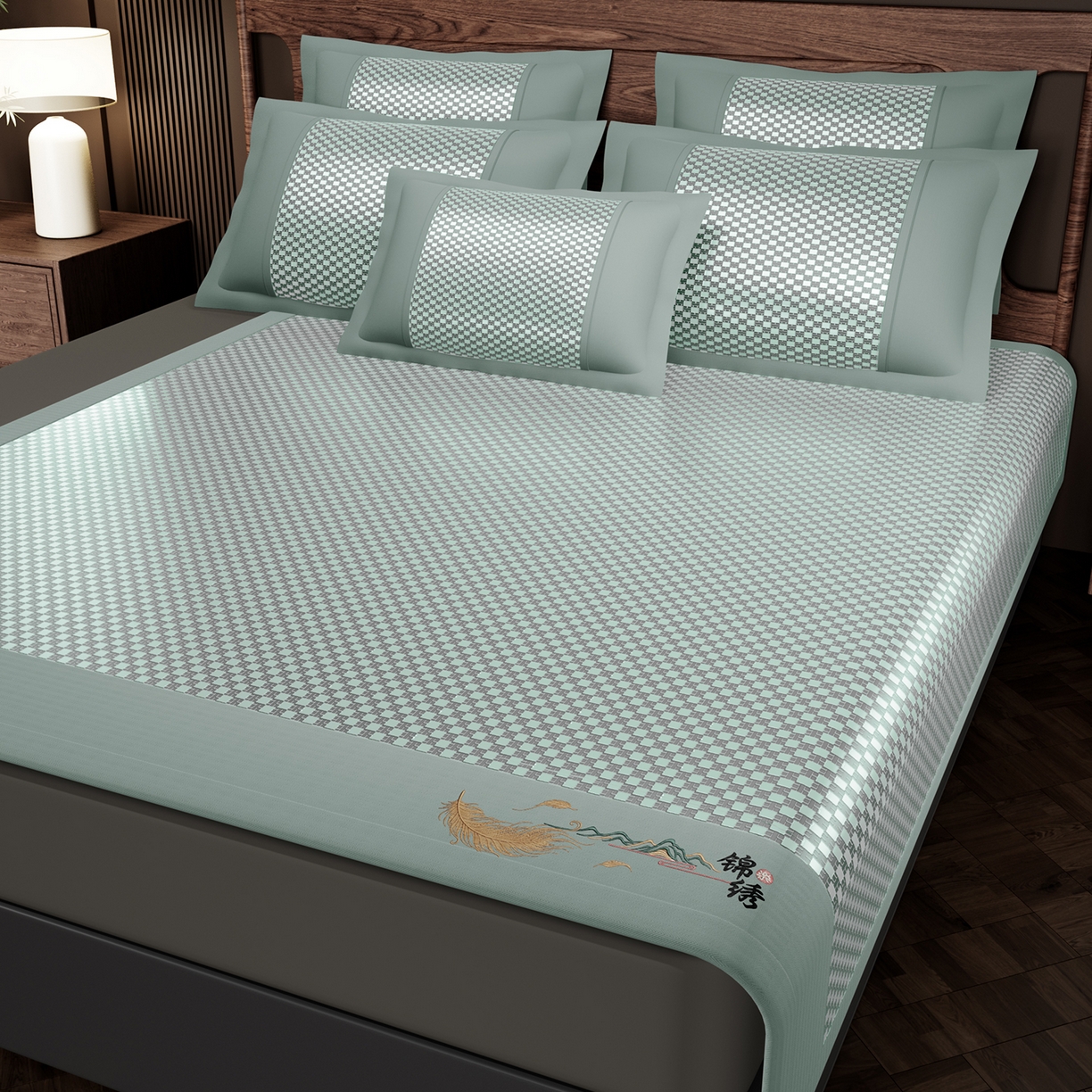 91家纺网 家纺一手货源 找家纺 永旺家纺 2026新款羽毛刺绣冰藤席子凉席 绿色