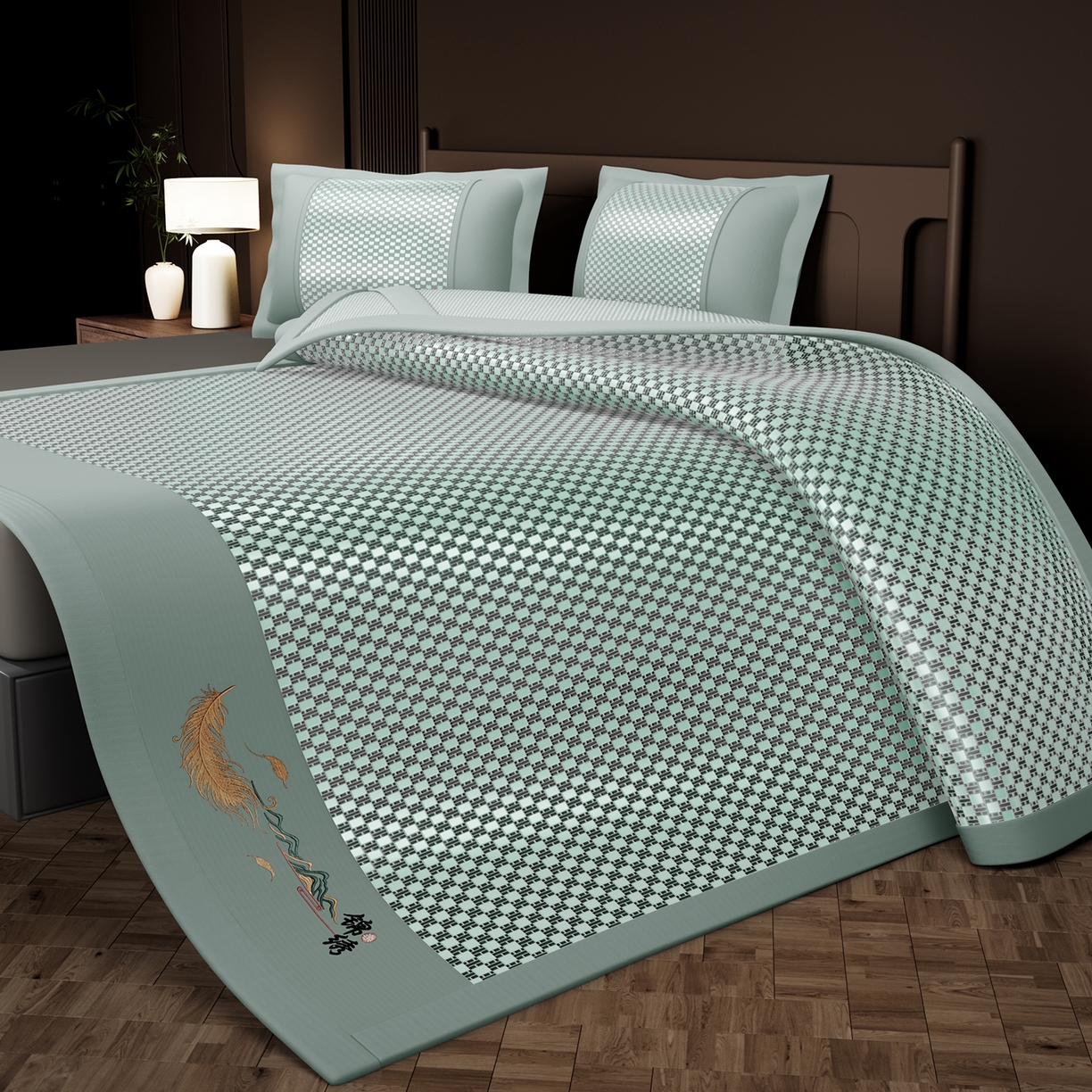 91家纺网 家纺一手货源 找家纺 永旺家纺 2026新款羽毛刺绣冰藤席子凉席 绿色