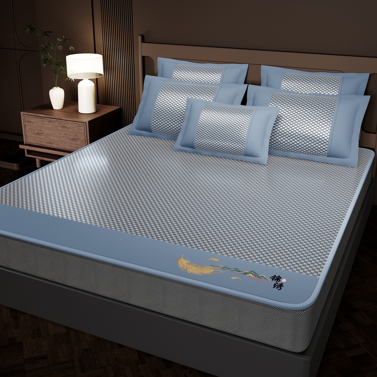 91家纺网 家纺一手货源 找家纺 永旺家纺 2026新款羽毛刺绣冰藤席子凉席 蓝色