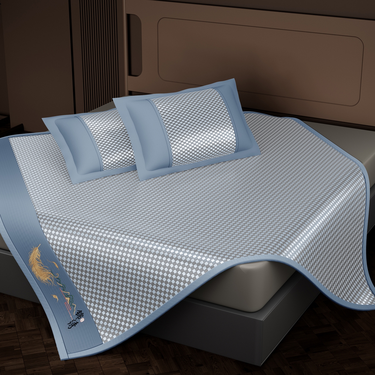 91家纺网 家纺一手货源 找家纺 永旺家纺 2026新款羽毛刺绣冰藤席子凉席 蓝色