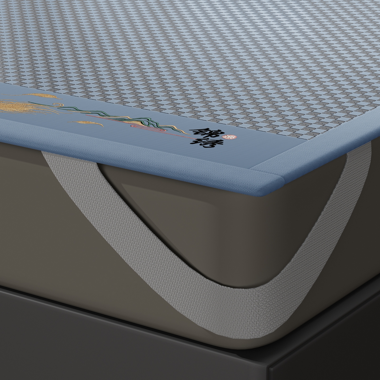 91家纺网 家纺一手货源 找家纺 永旺家纺 2026新款羽毛刺绣冰藤席子凉席 蓝色