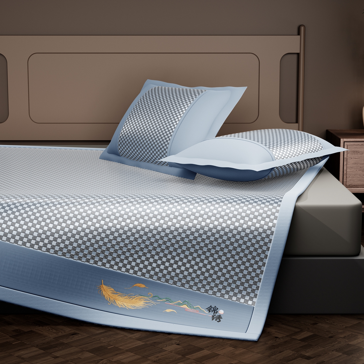 91家纺网 家纺一手货源 找家纺 永旺家纺 2026新款羽毛刺绣冰藤席子凉席 蓝色