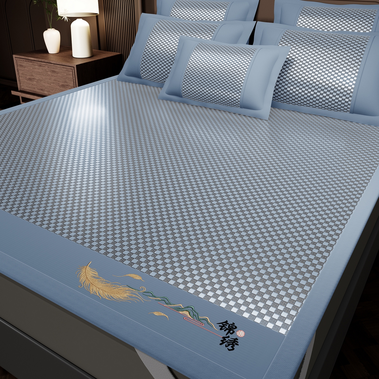 91家纺网 家纺一手货源 找家纺 永旺家纺 2026新款羽毛刺绣冰藤席子凉席 蓝色