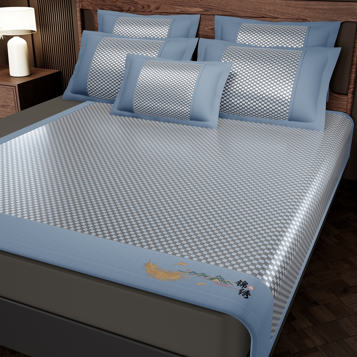 91家纺网 家纺一手货源 找家纺 永旺家纺 2026新款羽毛刺绣冰藤席子凉席 蓝色