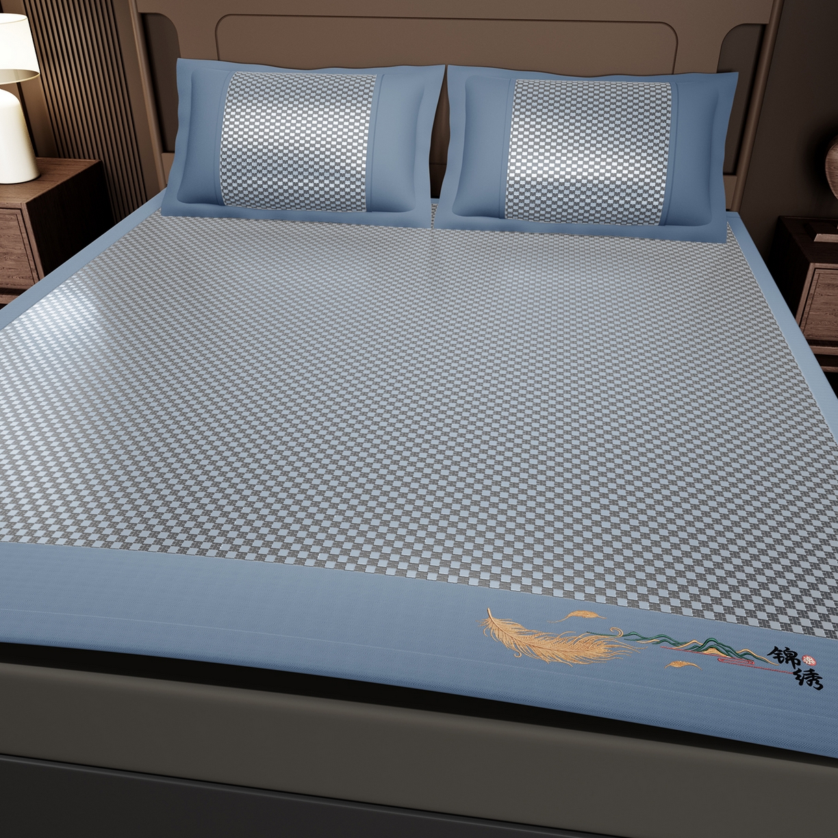 91家纺网 家纺一手货源 找家纺 永旺家纺 2026新款羽毛刺绣冰藤席子凉席 蓝色