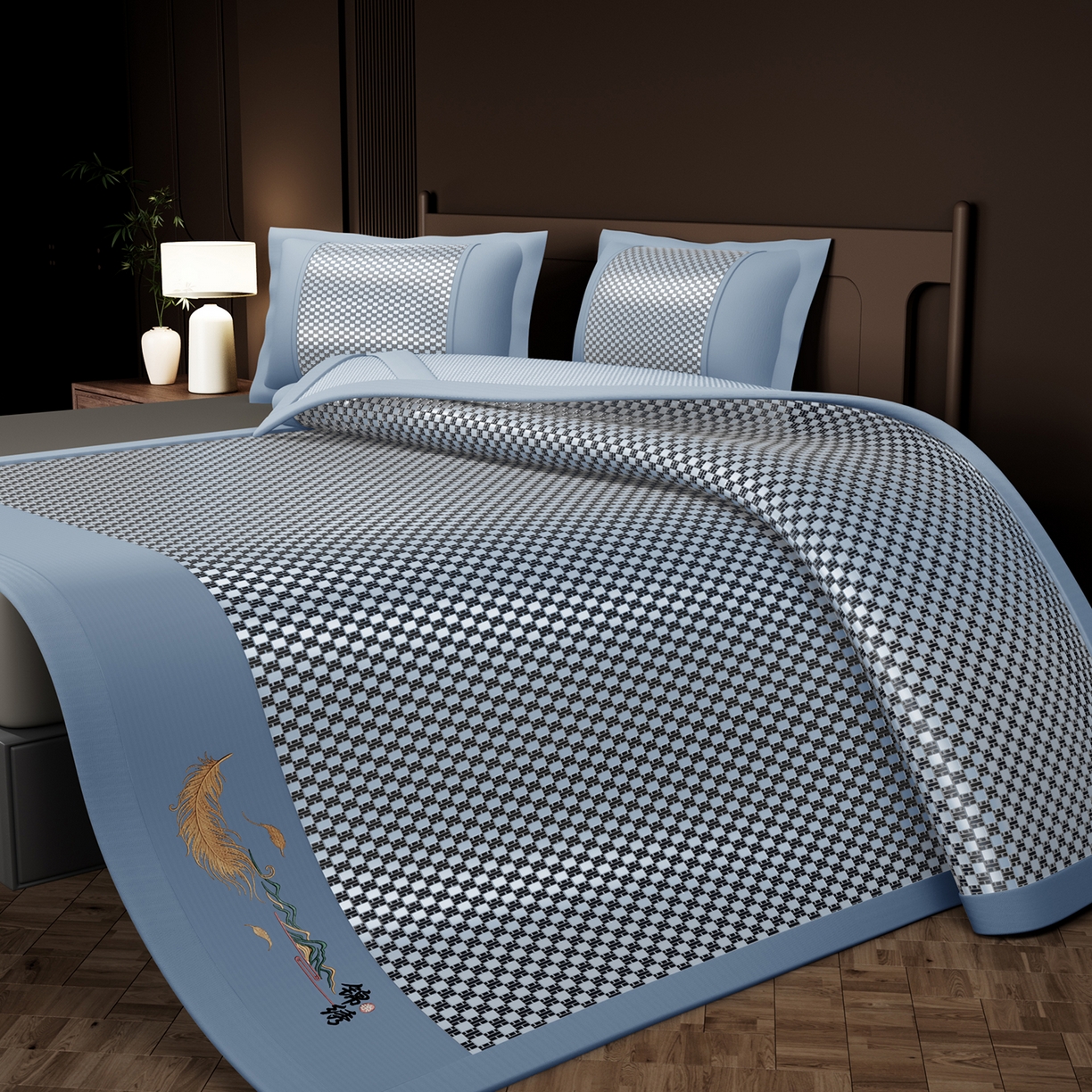 91家纺网 家纺一手货源 找家纺 永旺家纺 2026新款羽毛刺绣冰藤席子凉席 蓝色