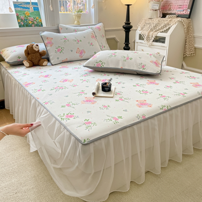 柒月家居 2026新款斜纹凉感豆豆床裙款凉席 床裙-粉花软熊