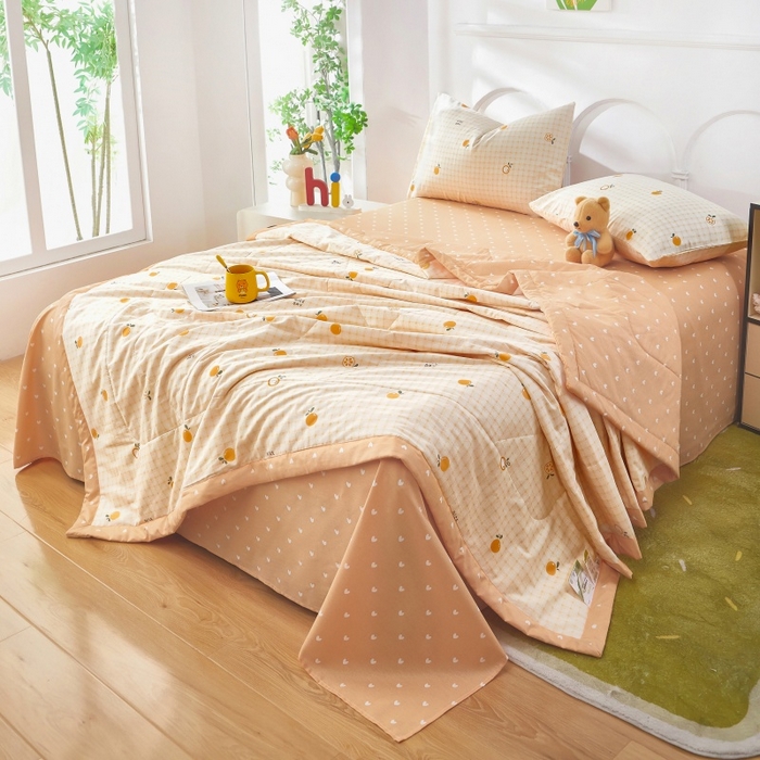 91家纺网 家纺一手货源 找家纺 黛妮雅 2026新款全棉夏被四件套单件夏被单双人空调被学生夏凉被 橘子格