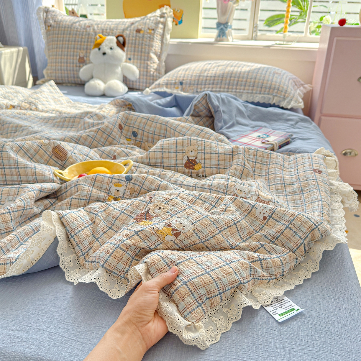 91家纺网 家纺一手货源 找家纺 （总）弗苓家纺 2026新款高克重泡芙棉花边款夏被夏凉被空调被四件套小红书推荐-风格一