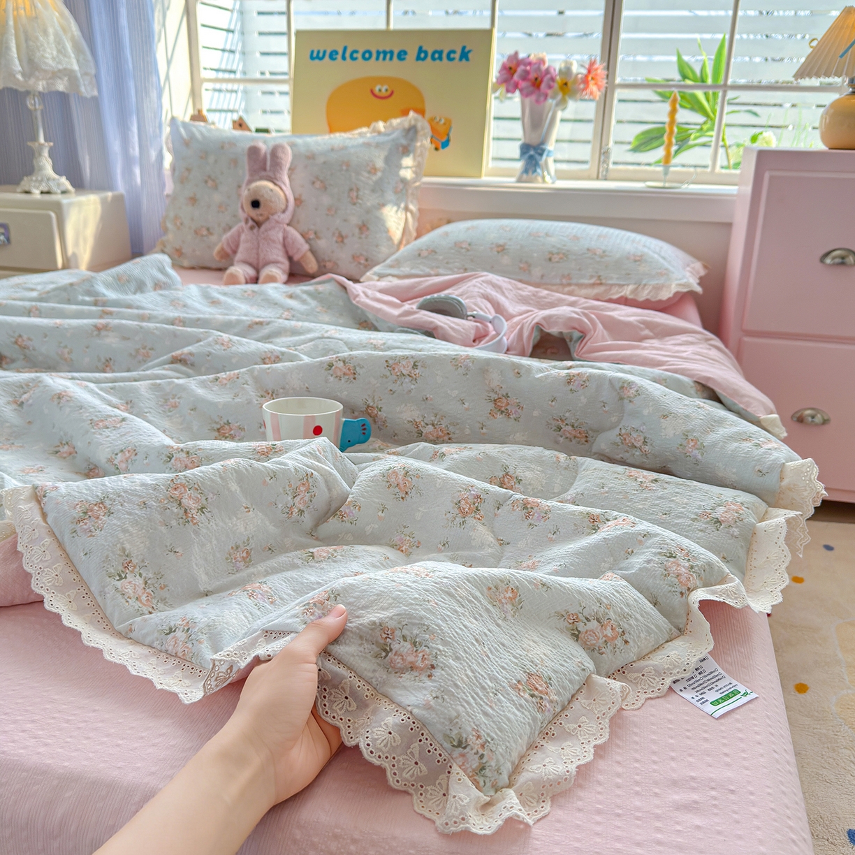 91家纺网 家纺一手货源 找家纺 （总）弗苓家纺 2026新款高克重泡芙棉花边款夏被夏凉被空调被四件套小红书推荐-风格一