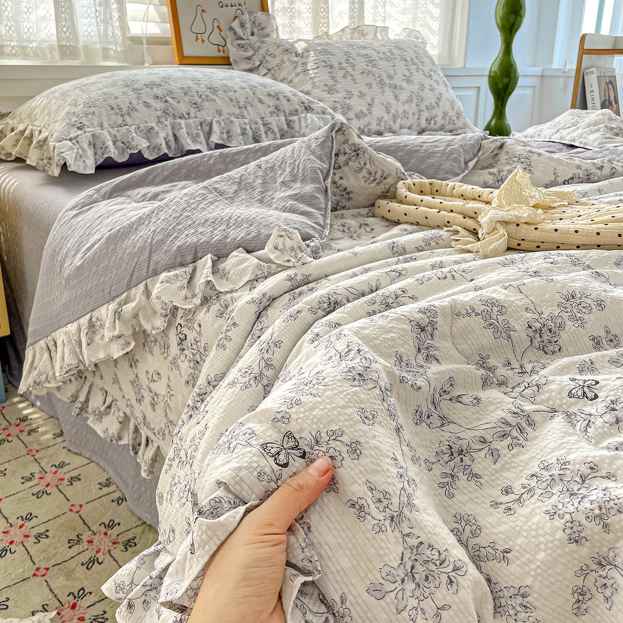 蓝极人 2026新款泡芙棉花边夏被四件套 XB蝶迹