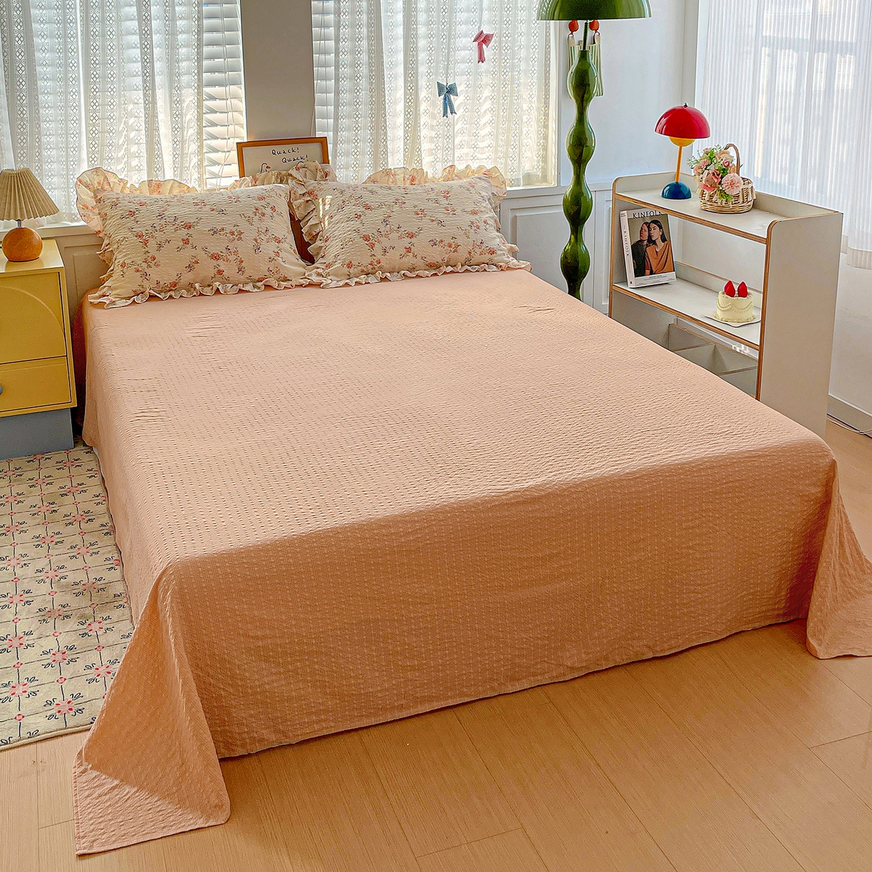 91家纺网 家纺一手货源 找家纺 蓝极人 2026新款泡芙棉花边夏被四件套 XB春色