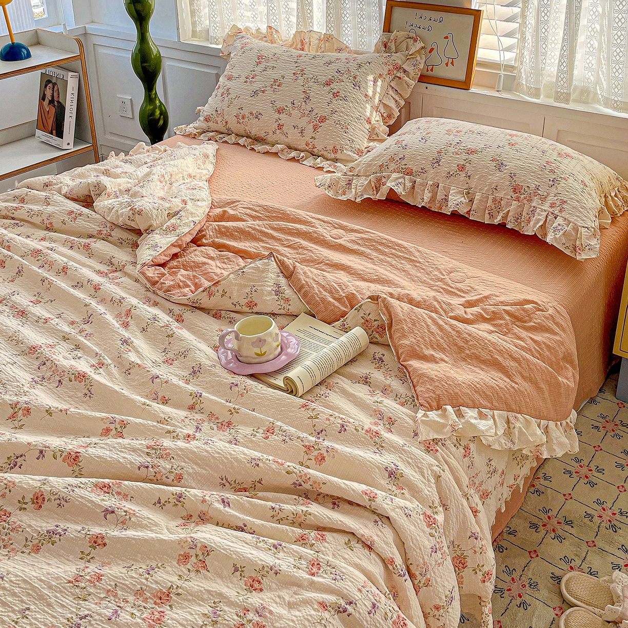 91家纺网 家纺一手货源 找家纺 蓝极人 2026新款泡芙棉花边夏被四件套 XB春色