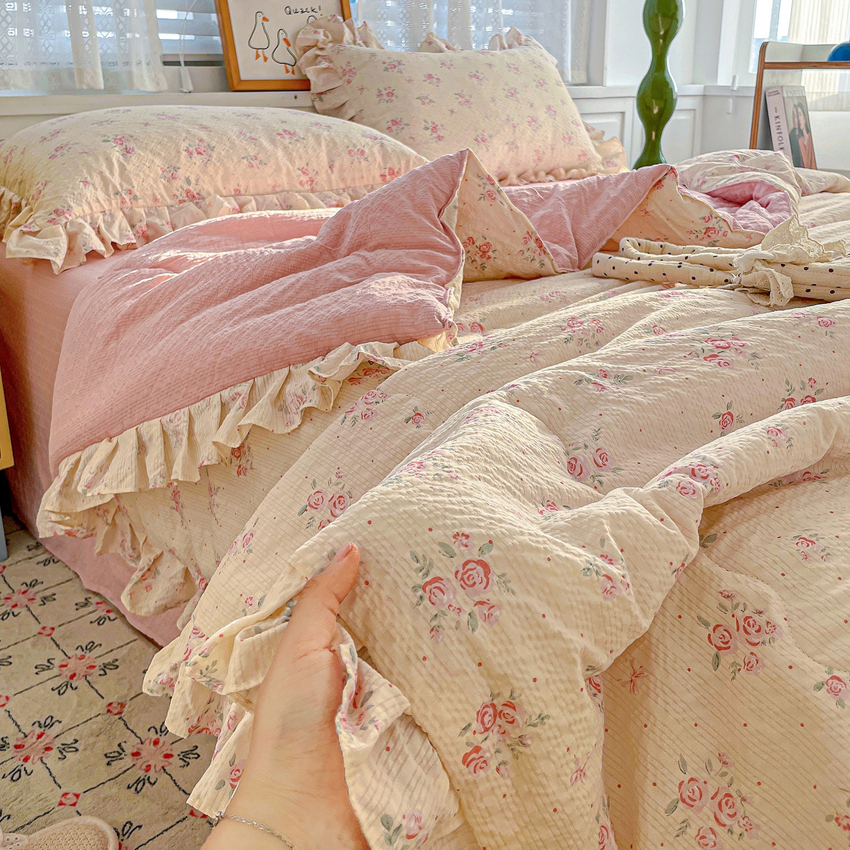 91家纺网 家纺一手货源 找家纺 （总）蓝极人 2026新款泡芙棉花边夏被四件套