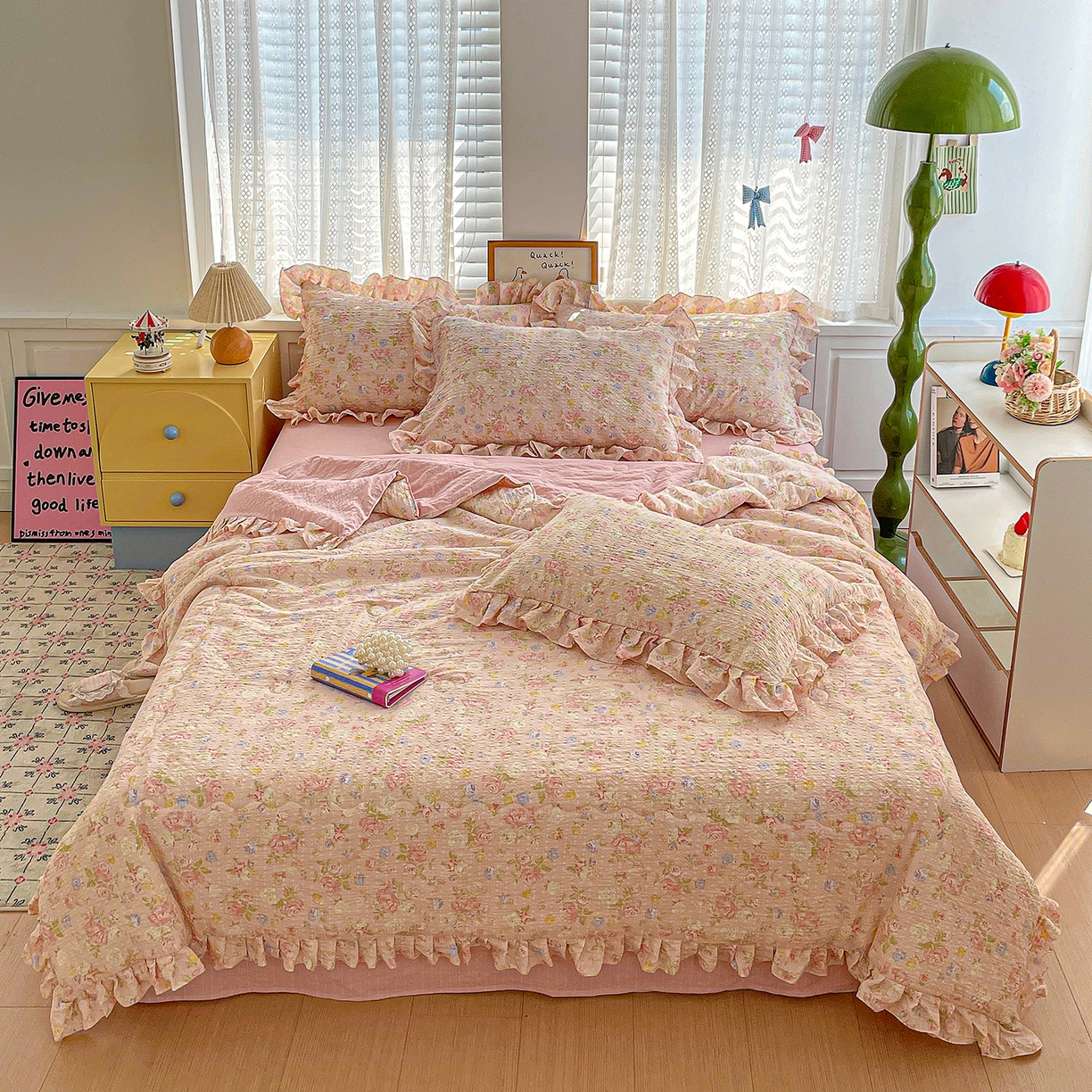 91家纺网 家纺一手货源 找家纺 蓝极人 2026新款泡芙棉花边夏被四件套 XB浅夏