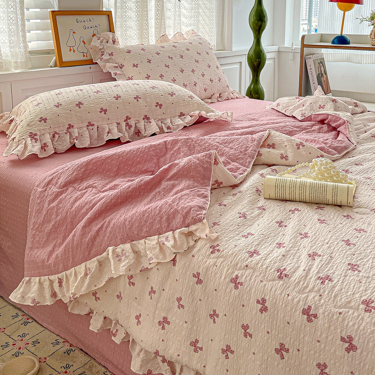 91家纺网 家纺一手货源 找家纺 蓝极人 2026新款泡芙棉花边夏被四件套 XB若梦