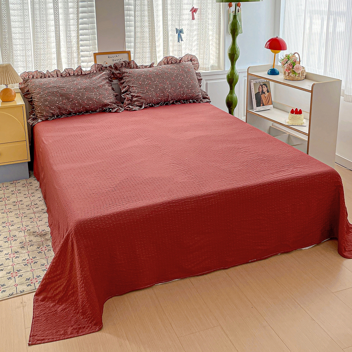 91家纺网 家纺一手货源 找家纺 蓝极人 2026新款泡芙棉花边夏被四件套 XB胭脂