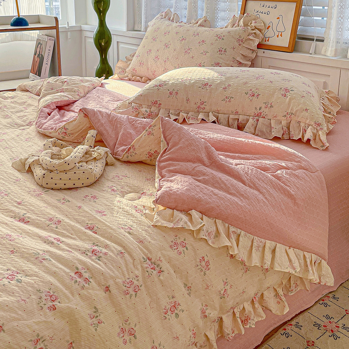 91家纺网 家纺一手货源 找家纺 蓝极人 2026新款泡芙棉花边夏被四件套 XB月光