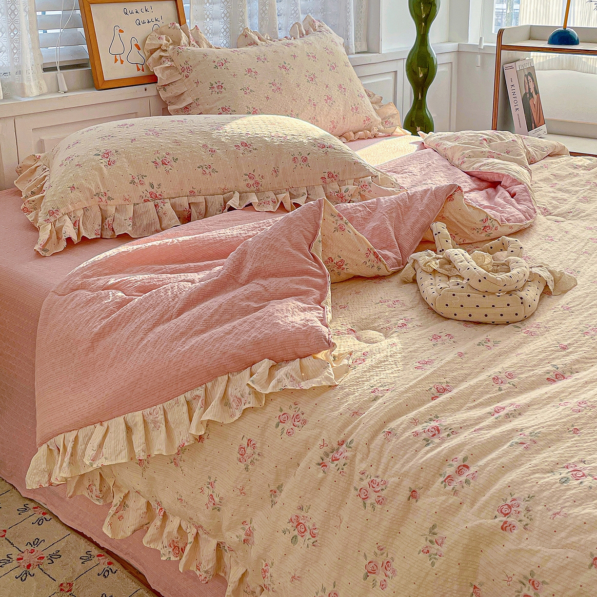 91家纺网 家纺一手货源 找家纺 蓝极人 2026新款泡芙棉花边夏被四件套 XB月光