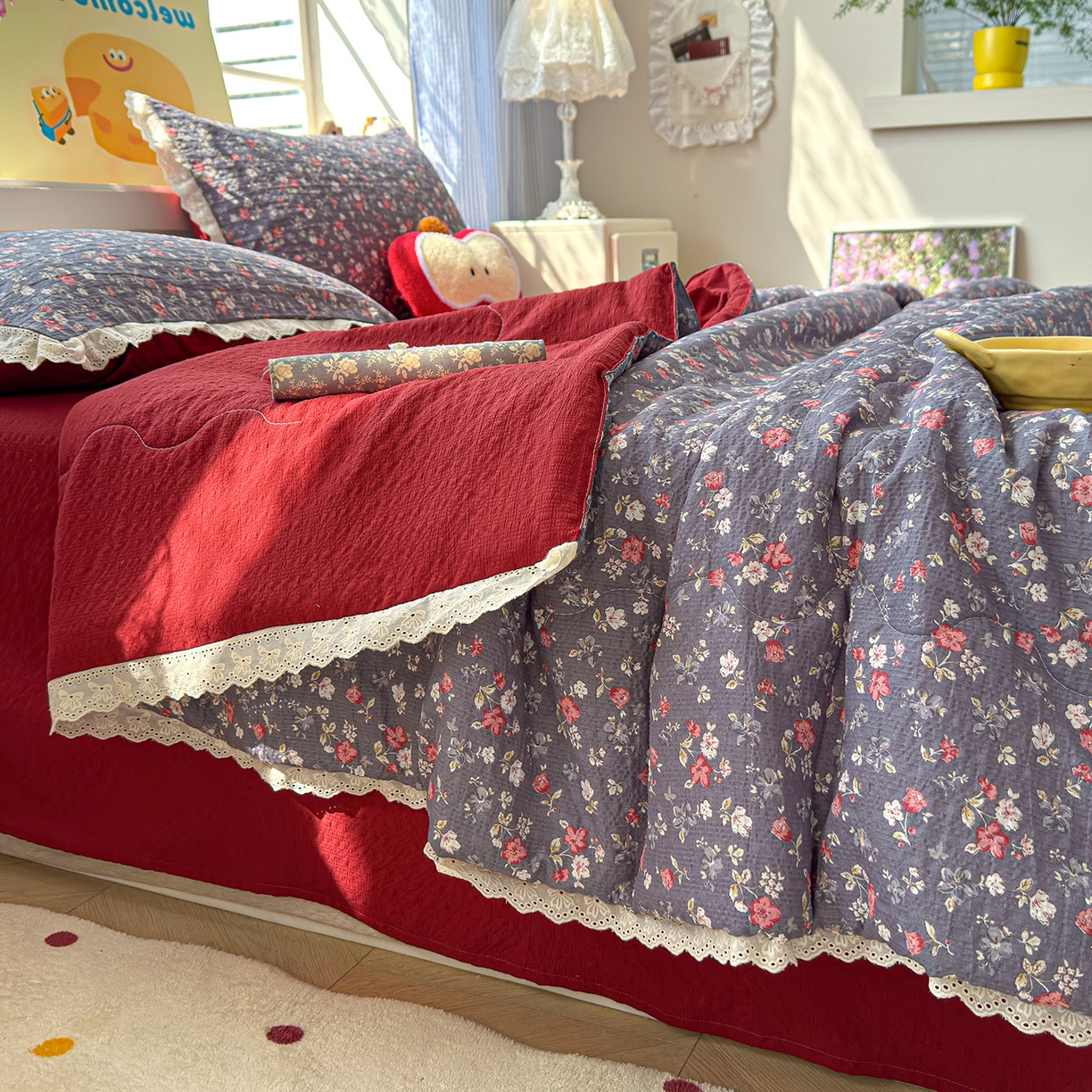 91家纺网 家纺一手货源 找家纺 弗苓家纺 2026新款高克重泡芙棉花边款夏被夏凉被空调被四件套小红书推荐-风格一 复古繁花