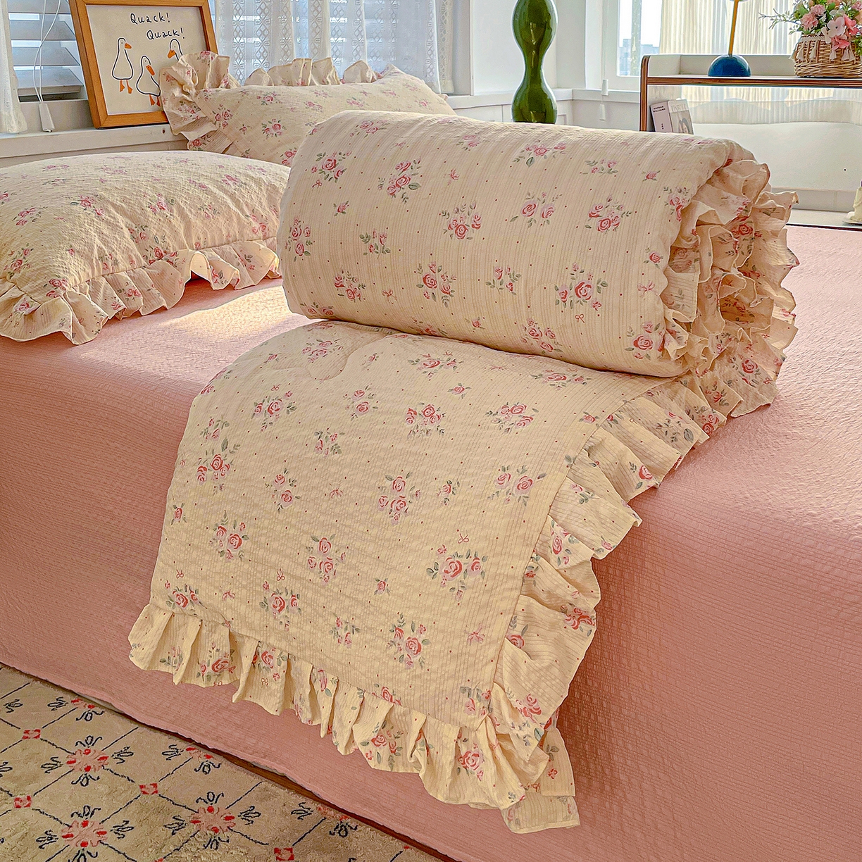 91家纺网 家纺一手货源 找家纺 蓝极人 2026新款泡芙棉花边夏被四件套 XB月光