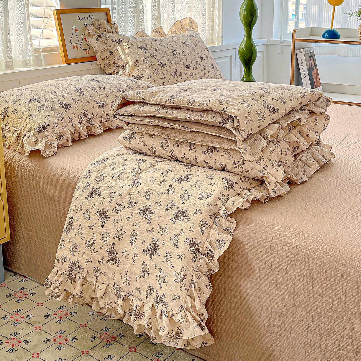 91家纺网 家纺一手货源 找家纺 蓝极人 2026新款泡芙棉花边夏被四件套 XB初柠