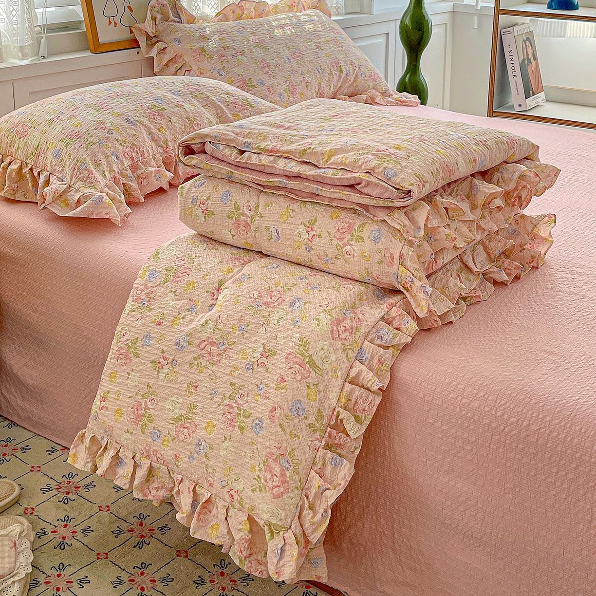 91家纺网 家纺一手货源 找家纺 蓝极人 2026新款泡芙棉花边夏被四件套 XB浅夏