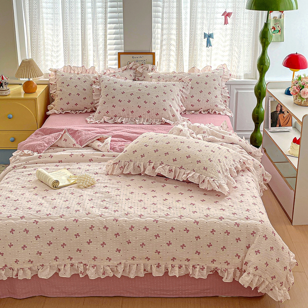 91家纺网 家纺一手货源 找家纺 蓝极人 2026新款泡芙棉花边夏被四件套 XB若梦