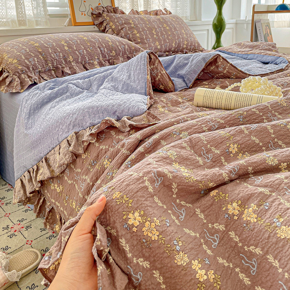 蓝极人 2026新款泡芙棉花边夏被四件套 XB情人节咖