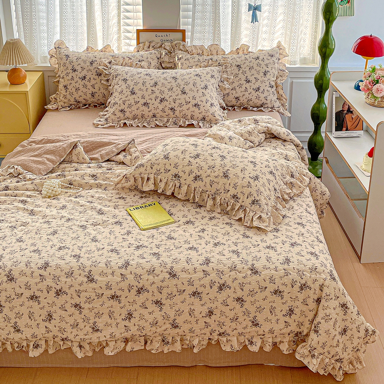 91家纺网 家纺一手货源 找家纺 蓝极人 2026新款泡芙棉花边夏被四件套 XB初柠