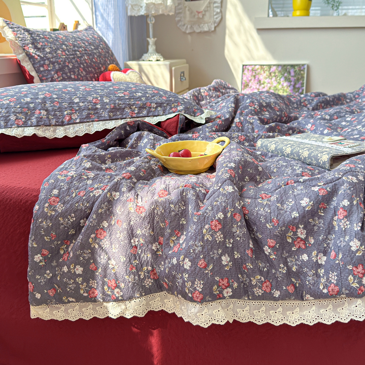 91家纺网 家纺一手货源 找家纺 弗苓家纺 2026新款高克重泡芙棉花边款夏被夏凉被空调被四件套小红书推荐-风格一 复古繁花