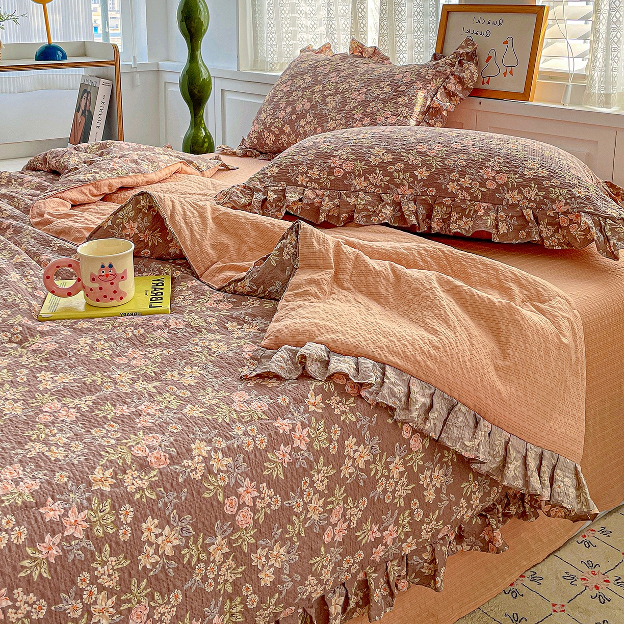 91家纺网 家纺一手货源 找家纺 蓝极人 2026新款泡芙棉花边夏被四件套 XB桔园