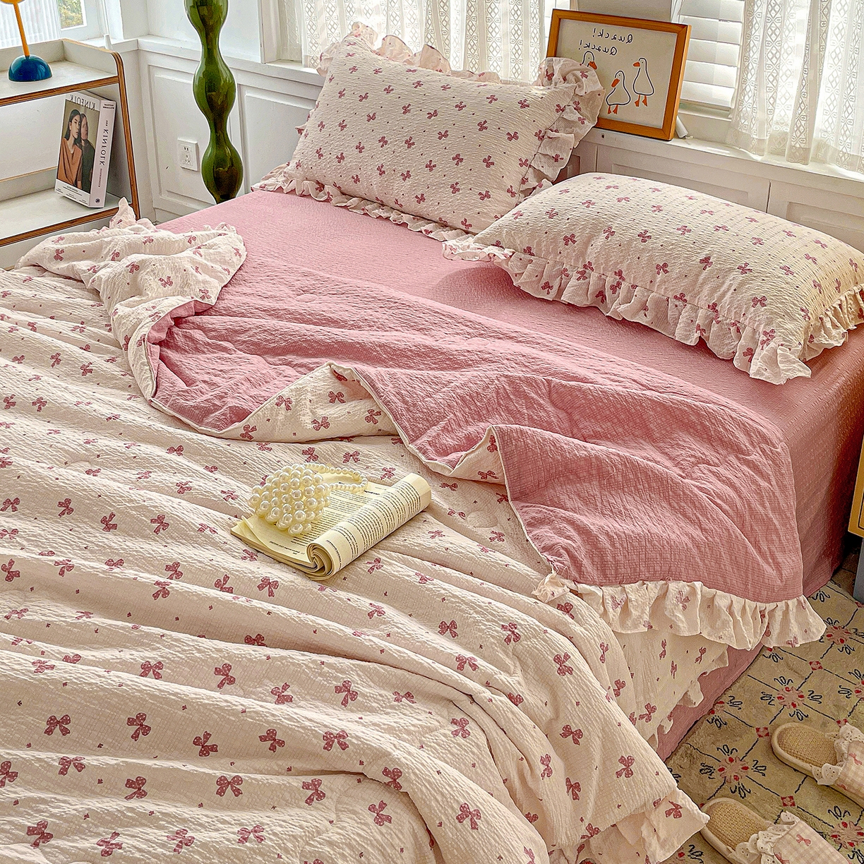 91家纺网 家纺一手货源 找家纺 蓝极人 2026新款泡芙棉花边夏被四件套 XB若梦