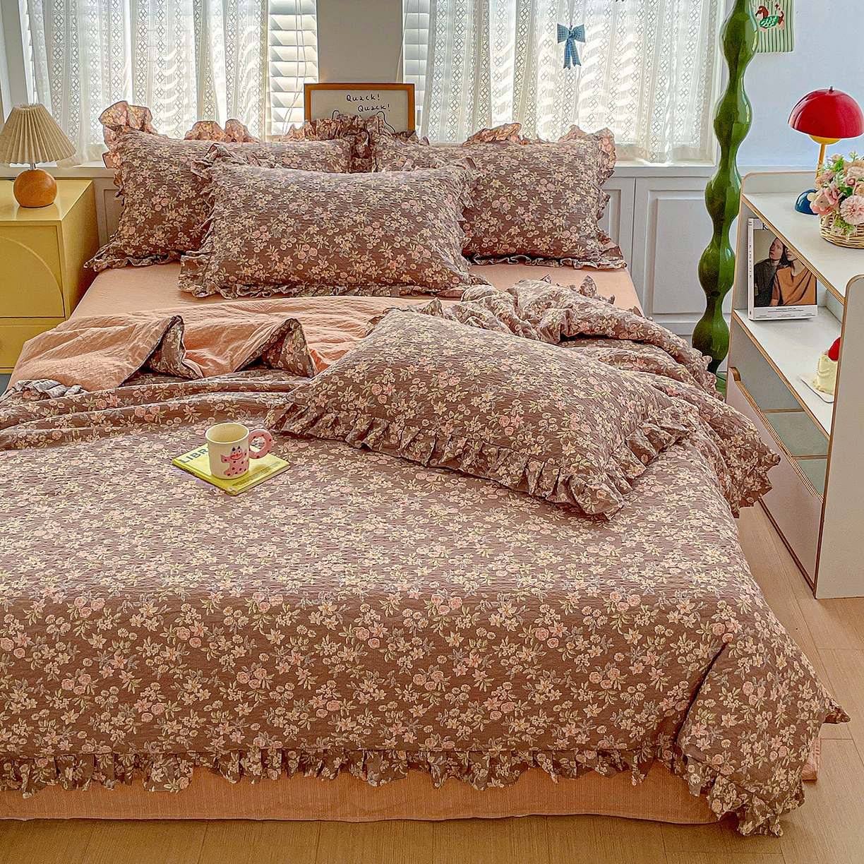 91家纺网 家纺一手货源 找家纺 蓝极人 2026新款泡芙棉花边夏被四件套 XB桔园