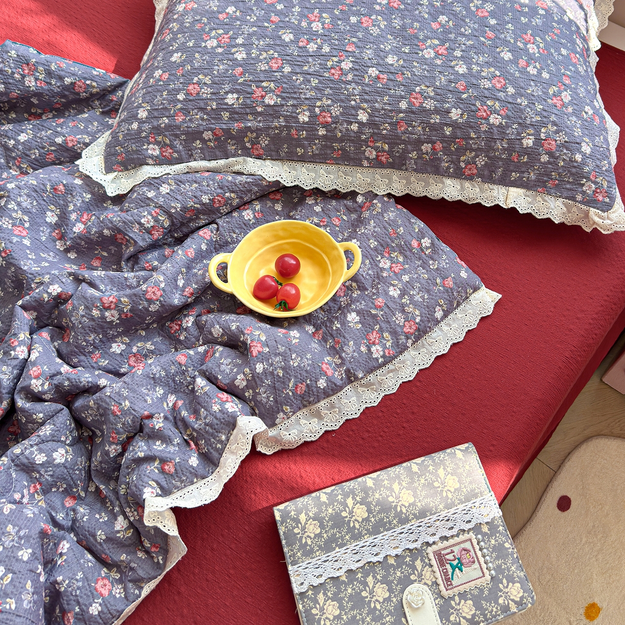 91家纺网 家纺一手货源 找家纺 弗苓家纺 2026新款高克重泡芙棉花边款夏被夏凉被空调被四件套小红书推荐-风格一 复古繁花