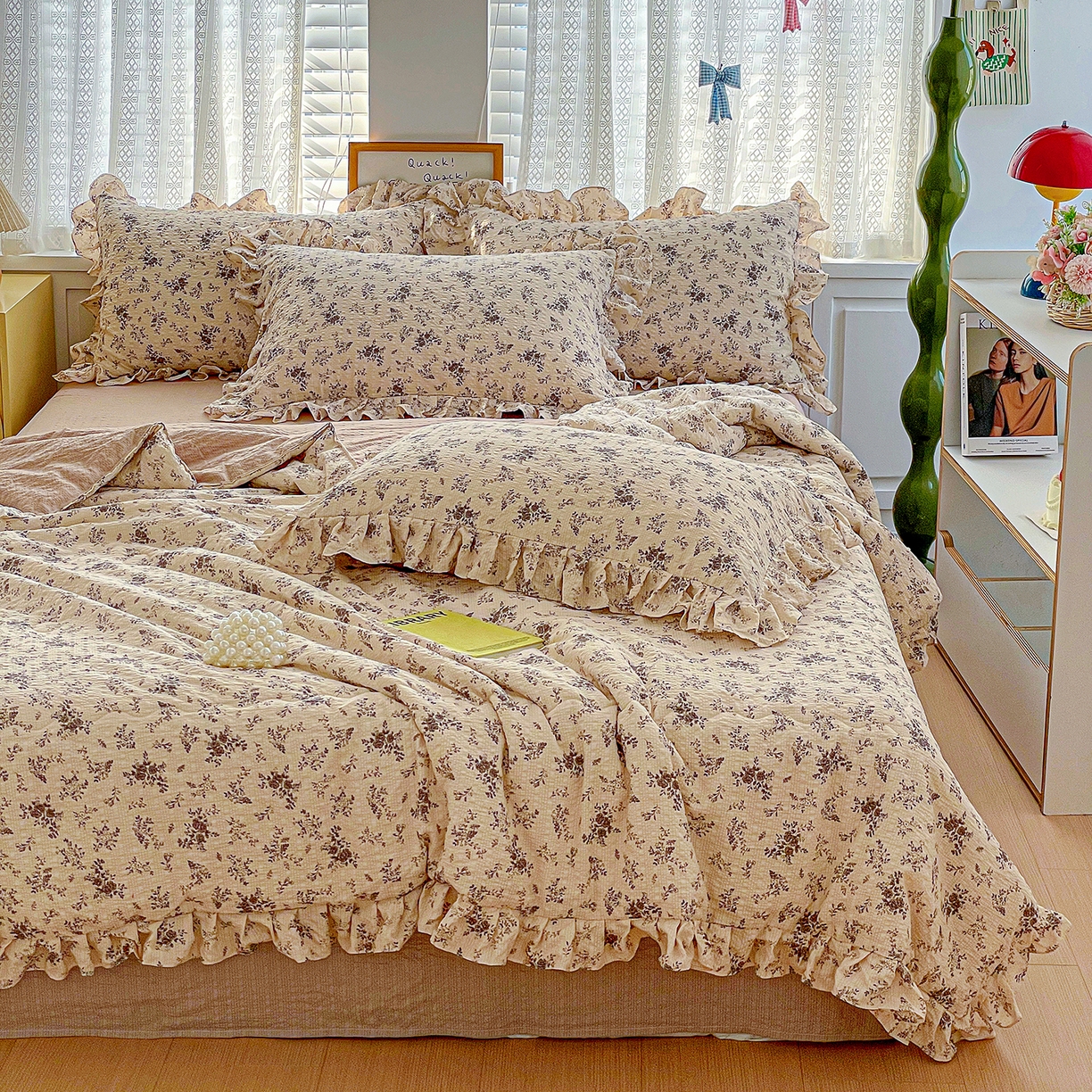 91家纺网 家纺一手货源 找家纺 蓝极人 2026新款泡芙棉花边夏被四件套 XB初柠