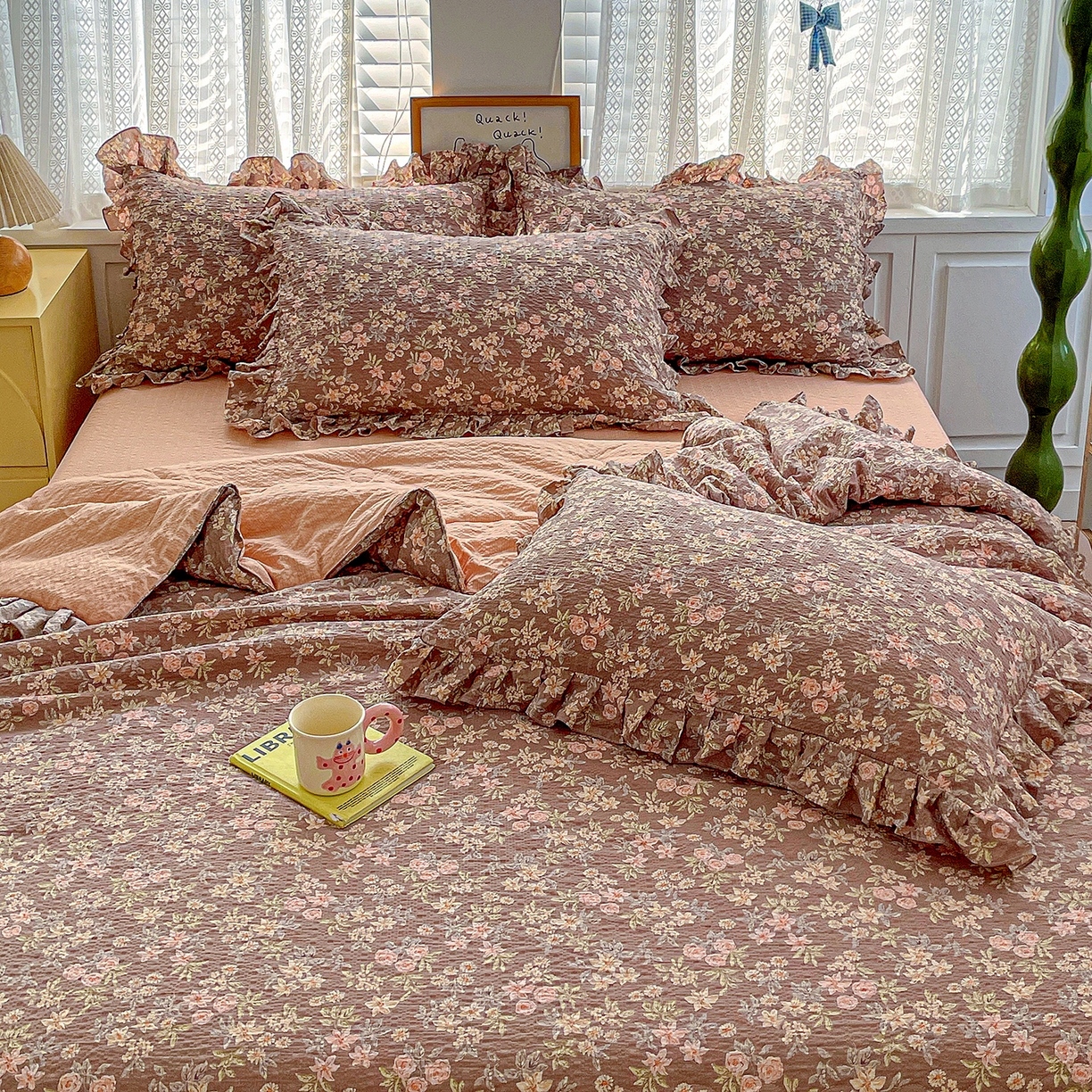 91家纺网 家纺一手货源 找家纺 蓝极人 2026新款泡芙棉花边夏被四件套 XB桔园