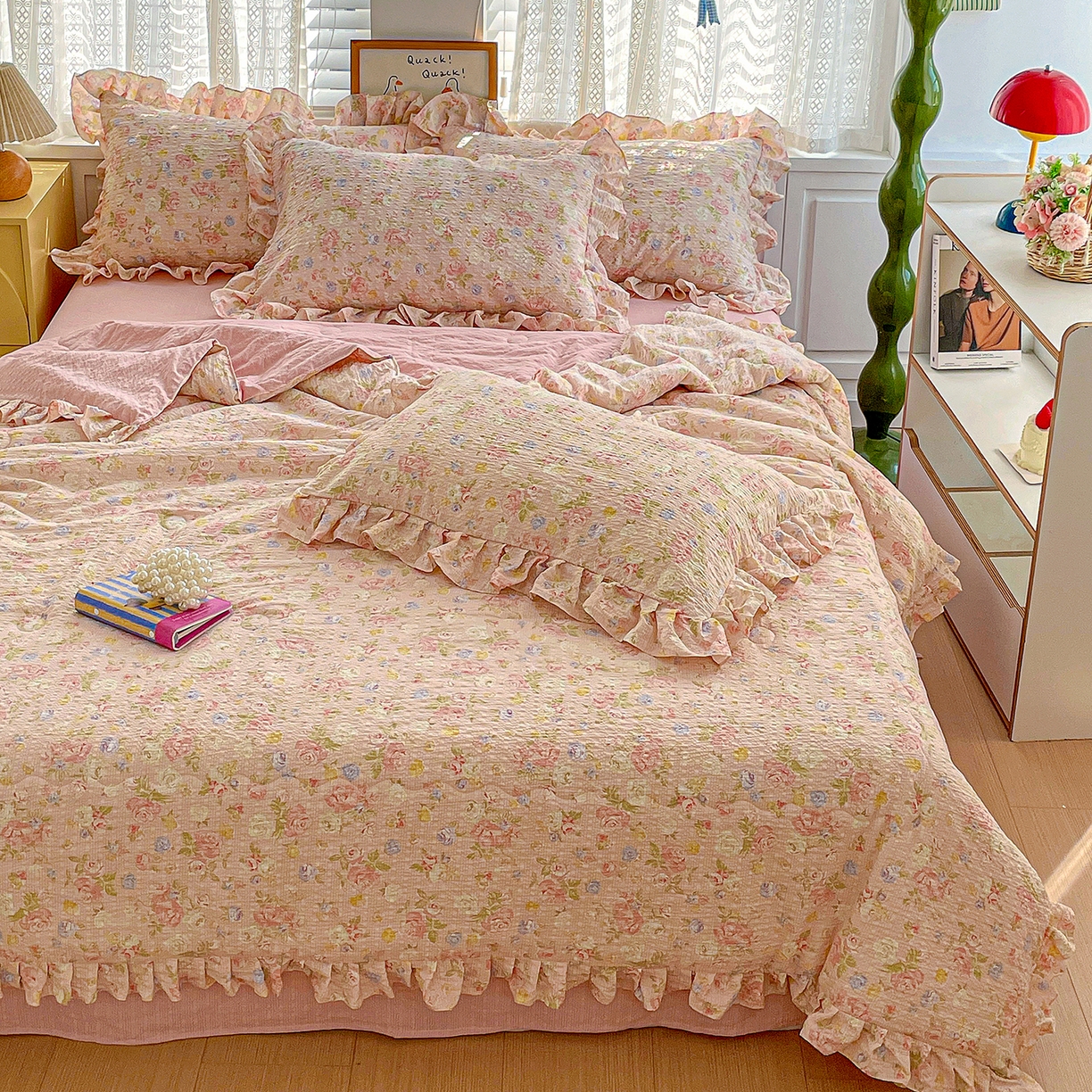 91家纺网 家纺一手货源 找家纺 蓝极人 2026新款泡芙棉花边夏被四件套 XB浅夏