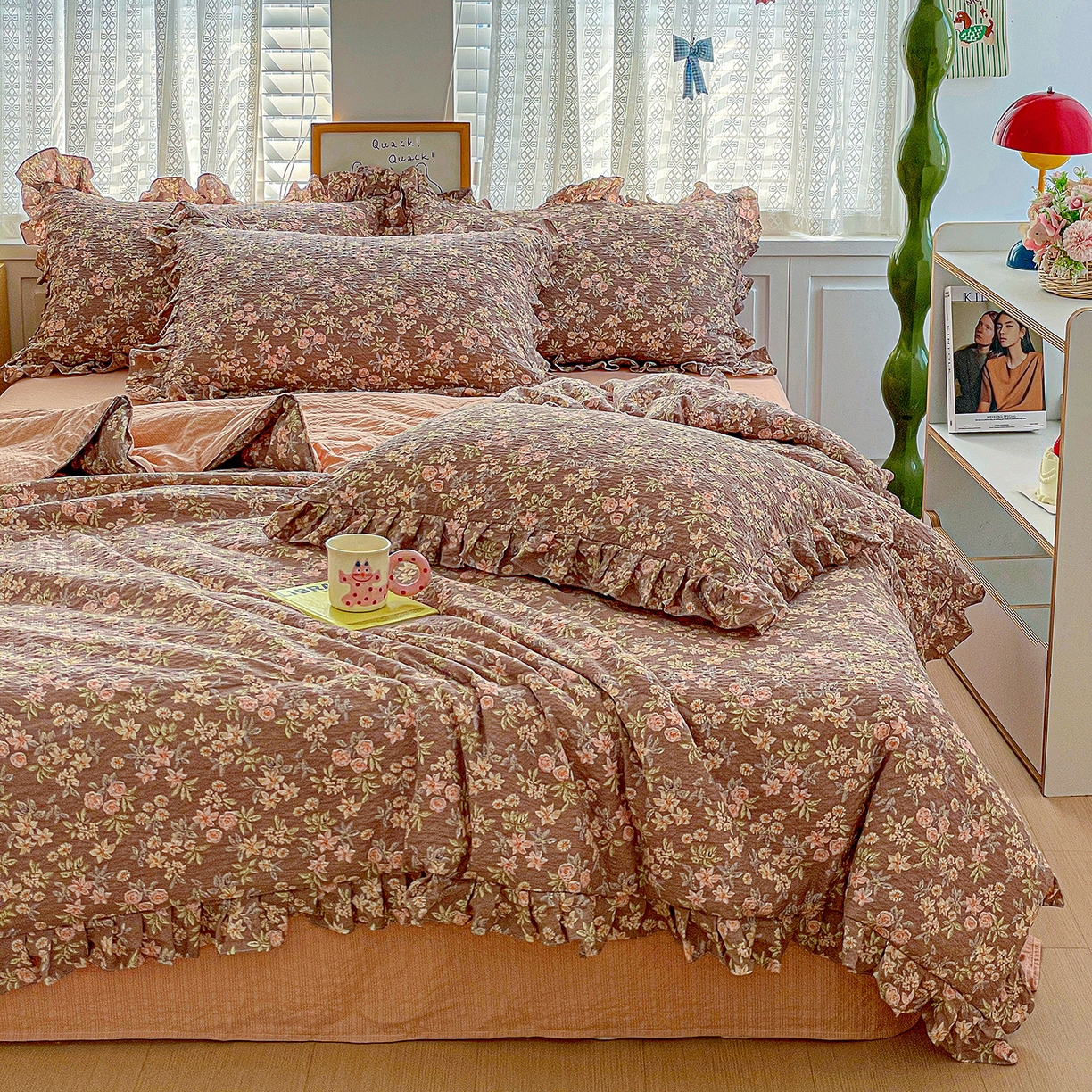 91家纺网 家纺一手货源 找家纺 蓝极人 2026新款泡芙棉花边夏被四件套 XB桔园