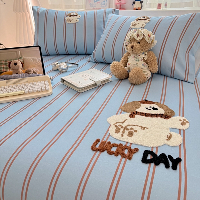 雅萱家纺 2026新款全棉老粗布毛巾绣床单 蓝棕条纹狗