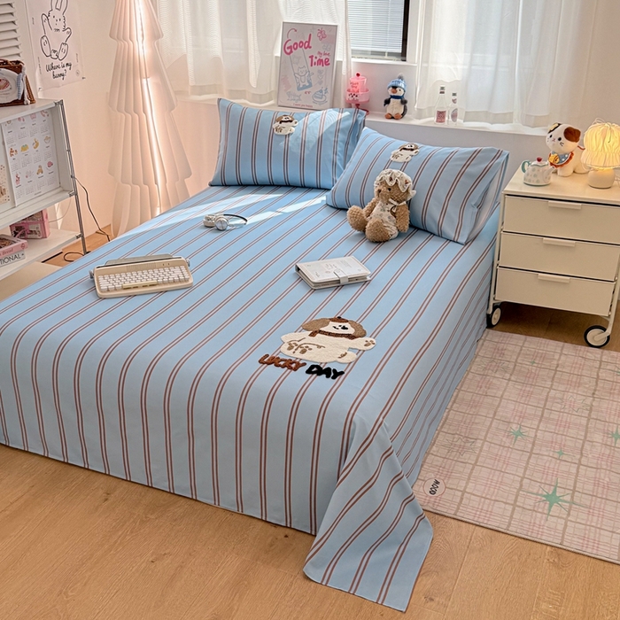 91家纺网 家纺一手货源 找家纺 雅萱家纺 2026新款全棉老粗布毛巾绣床单 蓝棕条纹狗