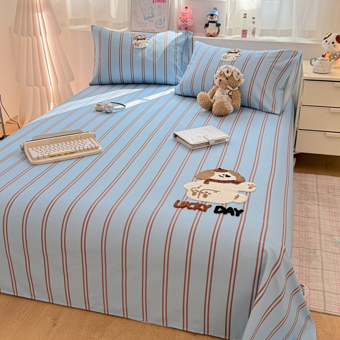 91家纺网 家纺一手货源 找家纺 雅萱家纺 2026新款全棉老粗布毛巾绣床单 蓝棕条纹狗