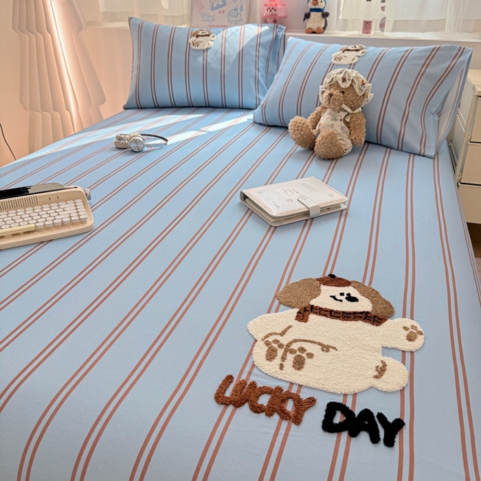 91家纺网 家纺一手货源 找家纺 雅萱家纺 2026新款全棉老粗布毛巾绣床单 蓝棕条纹狗