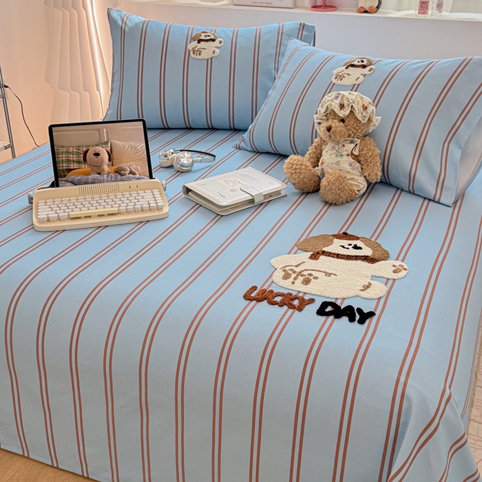 91家纺网 家纺一手货源 找家纺 雅萱家纺 2026新款全棉老粗布毛巾绣床单 蓝棕条纹狗