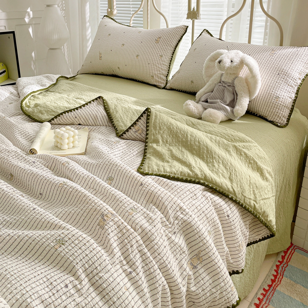 91家纺网 家纺一手货源 找家纺 蓝极人 2026新款泡芙贝壳边夏被四件套 XB蘑菇兔