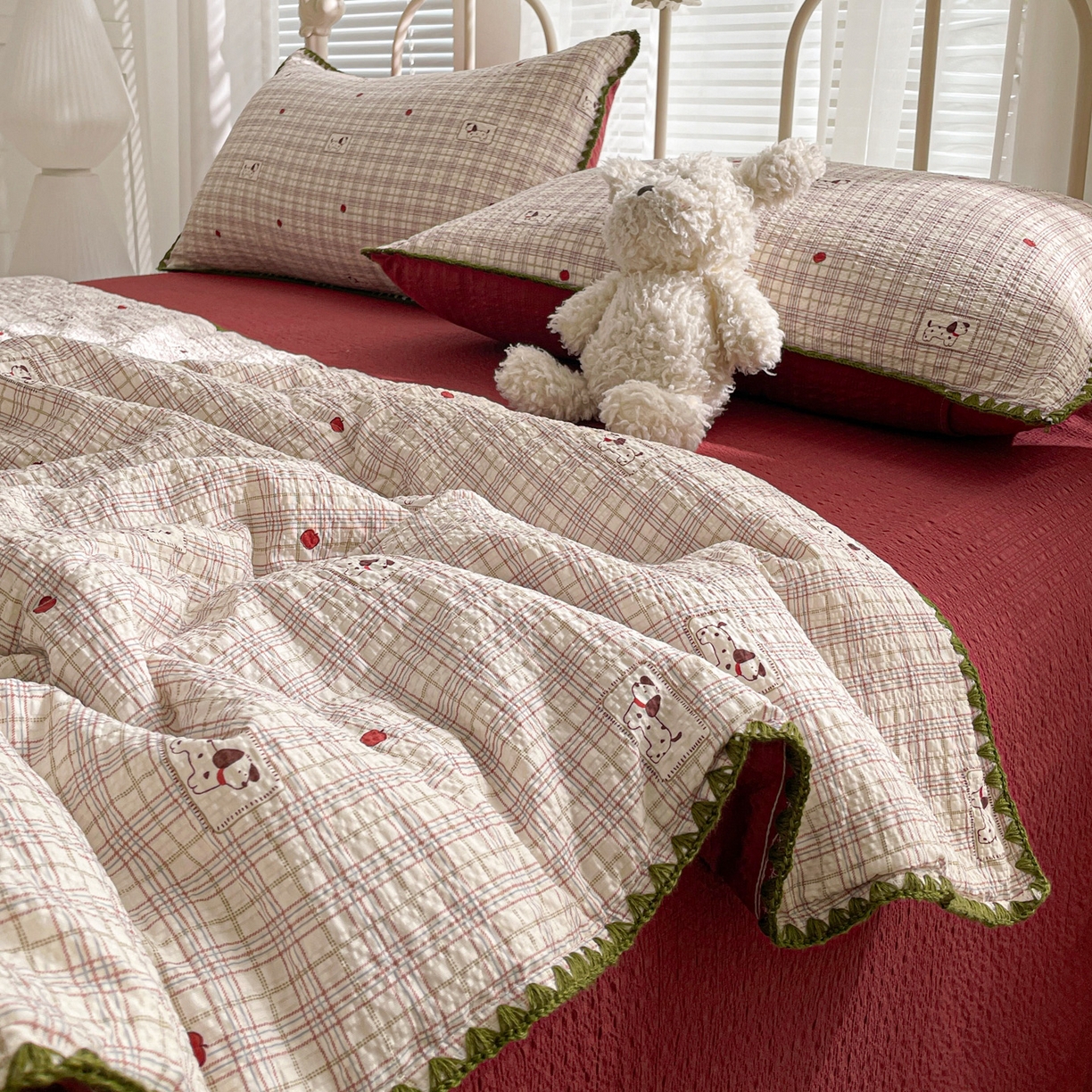 91家纺网 家纺一手货源 找家纺 蓝极人 2026新款泡芙贝壳边夏被四件套 XB苹果狗