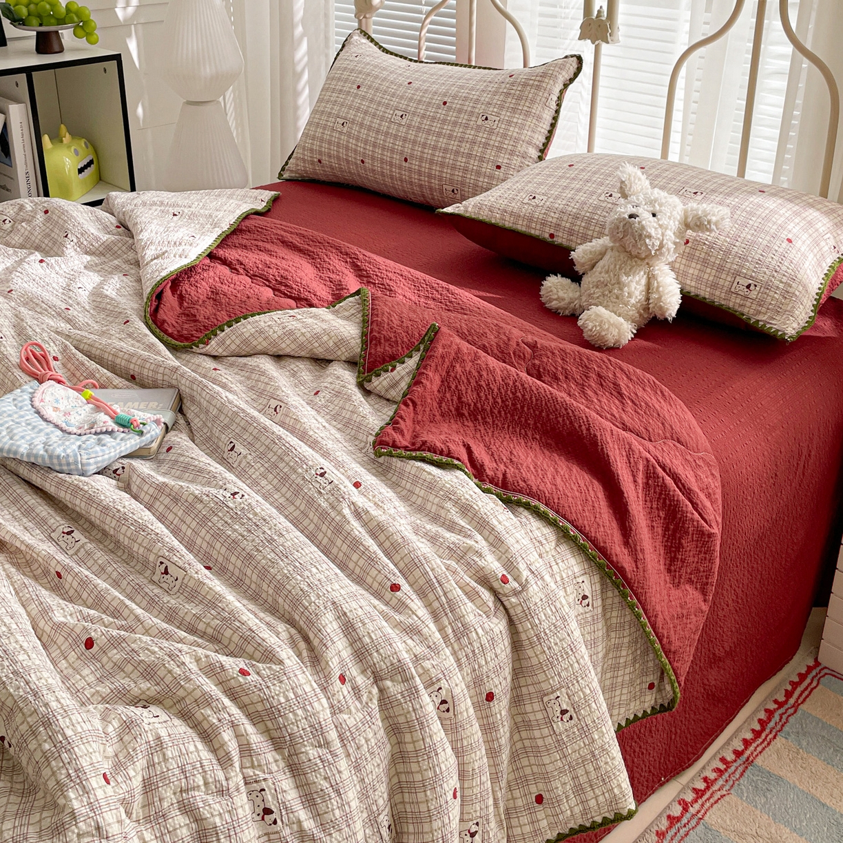 91家纺网 家纺一手货源 找家纺 蓝极人 2026新款泡芙贝壳边夏被四件套 XB苹果狗