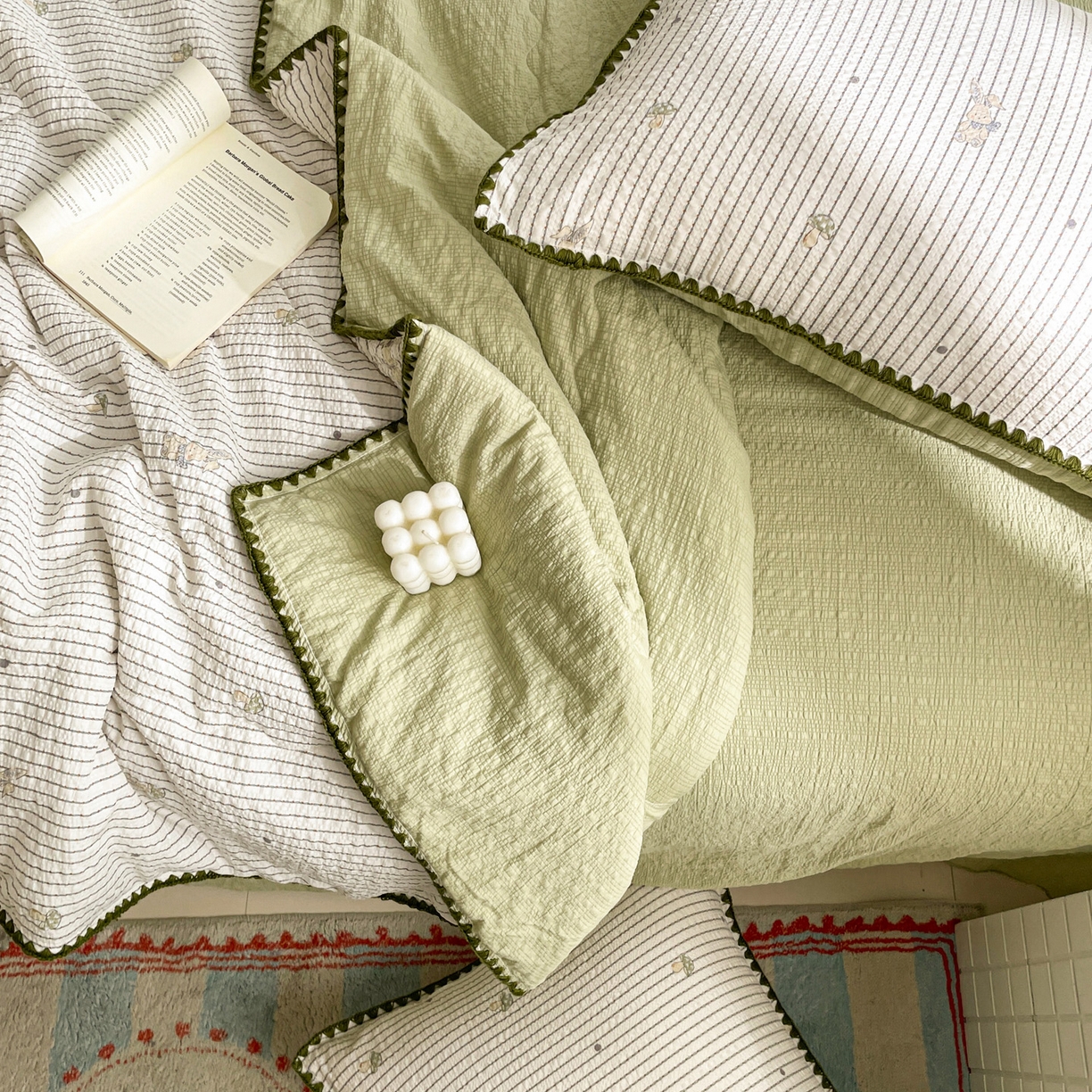 91家纺网 家纺一手货源 找家纺 蓝极人 2026新款泡芙贝壳边夏被四件套 XB蘑菇兔